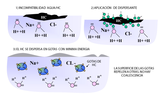 Esquema de la acción de un dispersante sobre hidrocarburos en el agua