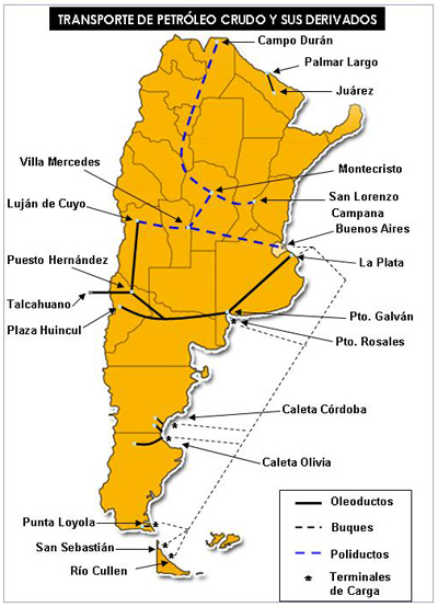 Mapa del transporte de petróleo crudo y derivados en Argentina
