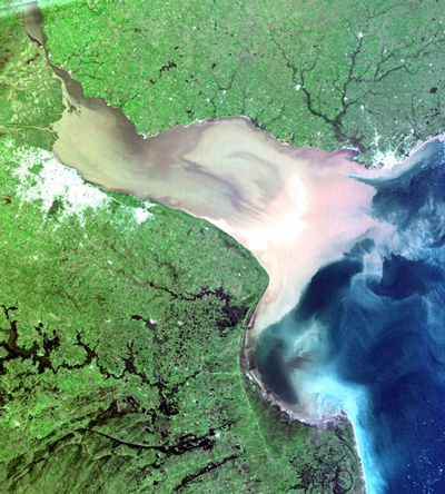 Imagen satelital de un estuario y sus aguas costeras